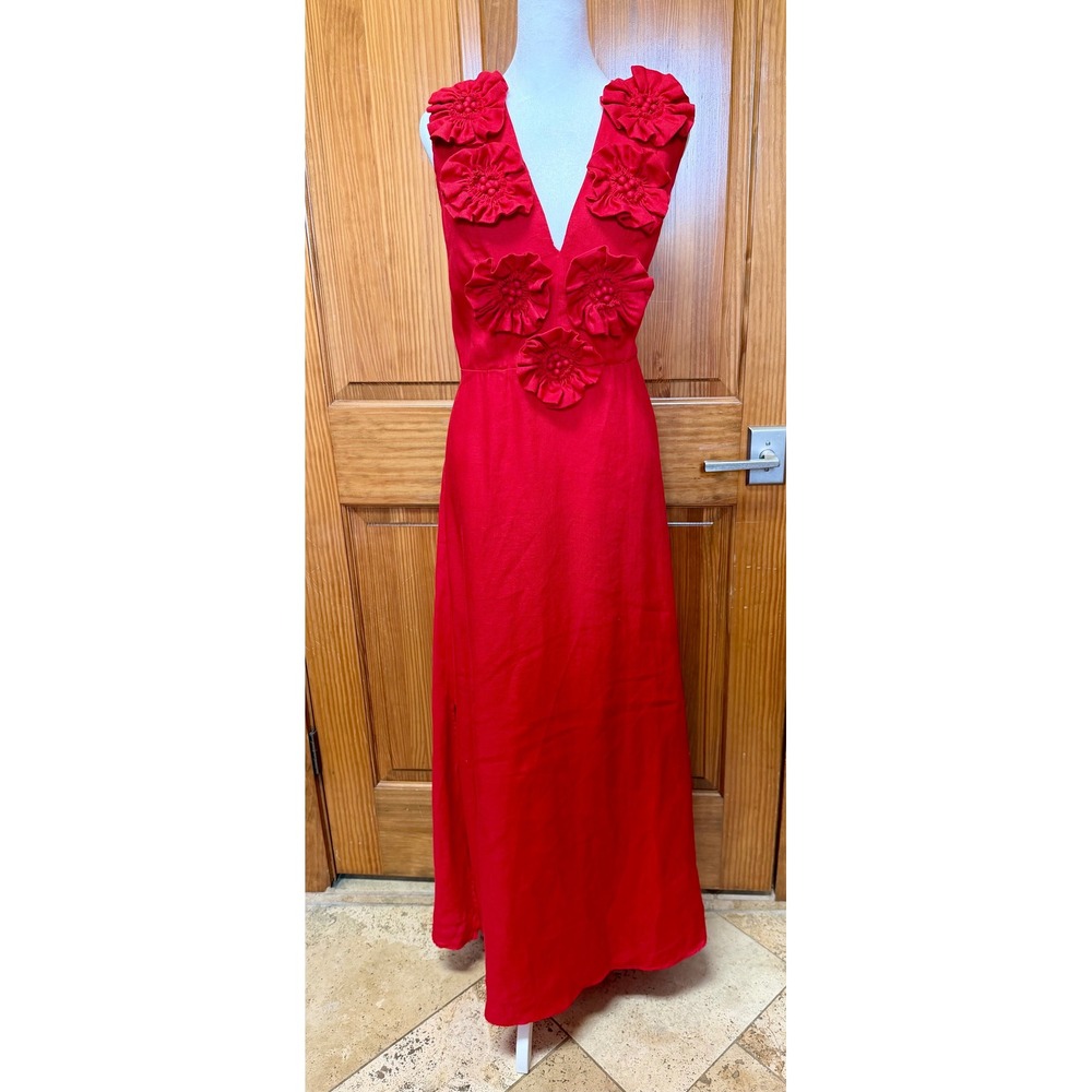 Farm Rio Red 3D Flower Euroflax Premium Linen Maxi Dress Large - Picture 2 of 16